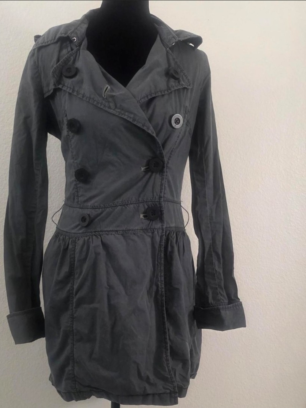 Free People Double-Breasted Hooded Trench Coat in Charcoal